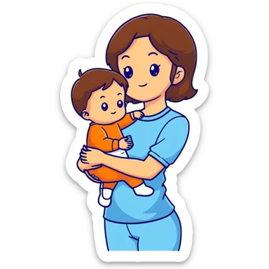 brunette girl with brown hair wearing pastel blue clothes holding a baby sticker