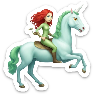 [politically incorrect
	{ woman: alien, color: light green, hair:red, eyes:cat} ]
	on a 
	[{ unicorn: white, legged:four, mane: light blue }] sticker