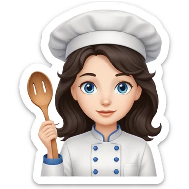 A girl with long, dark brown, wavy hair, grey-blue eyes. He cooks in the clothes of a cook sticker