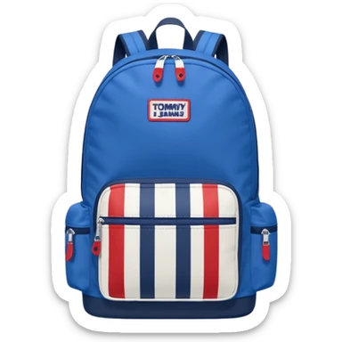 simple blue backpack, at the bottom pocket there is a  logo featuring a Tommy Jeans-inspired logo. The logo looks like a vertical one red, one white. The flag are vertical, not horizontal. Flat

 sticker