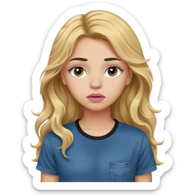 > 14-year-old girl, 161cm, slender, long wavy golden hair, tan skin, full pink lips, long lashes, thick eyebrows, dark blue t-shirt, faded jeans, black sneakers, quiet sadness in her expression, soft moody lighting, ultra-realistic portrait. sticker