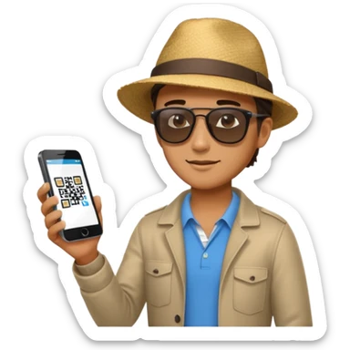 Draw a male tourist who pointed his phone to scan a QR code at a POS terminal for payment. In the style of an Apple emoji sticker