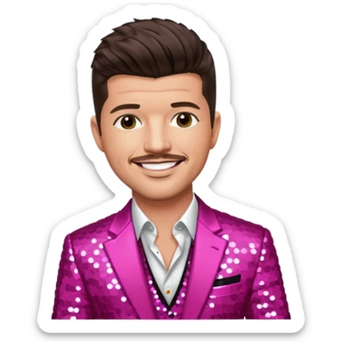 Robin Thicke with dark brown hair, dark pink sequin suit jacket, light skin sticker