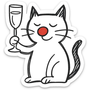 black cat with a red clown nose and a champagne glass, hand-drawn and quirky sticker