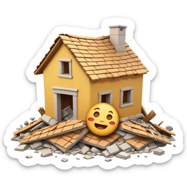 3D iPhone style emoji of a completely destroyed house, heavily damaged, collapsed into rubble, broken walls and roof scattered into debris, isolated on white background, soft shadows, high detail, playful and cute. sticker