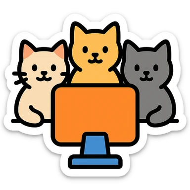 three cats sitting at a computer, color icon style sticker