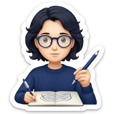 Designer with wavy black hair, round glasses, navy blue sweater, holding a design pen sticker