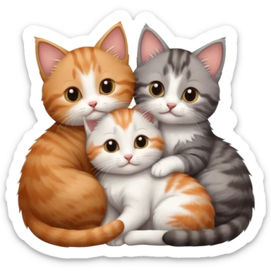 3 very small kittens cuddling together all different colours, the first one is grey and white, the second is ginger and white and the third is brown tabby and white sticker