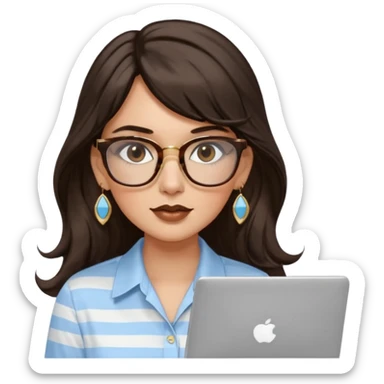A woman with long wavy dark brown hair and a whispy bang, wearing thick tortoise SQUARE glasses, gold drop earrings. She has long lashes and a nude browny glossy lipstick. She's wearing an oversize light blue shirt with white vertical strips. She's working on a laptop sticker