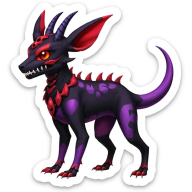 Gothic Black red purple Scaley Exotic Salandit-Umbreon-Noibat-Houndoom-Fakémon-hybrid-creature (full body), 4 legs, skull face mask sticker