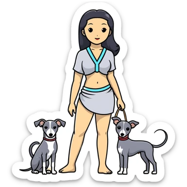 Slim Chinese woman with long black hair in beach attire at the beach with her Italian greyhound that is COMPLETELY solid grey, with absolutely NO white markings on face, snout, or anywhere else, single uniform grey color throughout entire dog body sticker