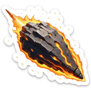 A massive, rocky meteor blazing through space with a fiery tail of orange and yellow flames. Its surface is rugged and cracked, glowing with intense heat. Embers and sparks trail behind as it hurtles forward. sticker
