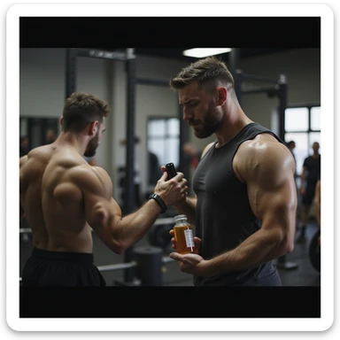 realistic powerlifter in gym, observing other athletes while holding a bottle of anabolic steroids (AAS), expression torn between curiosity and doubt, isolated on white background sticker