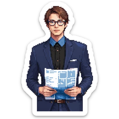 Flat pixel art, focused and reserved male architect, American, Caucasian features, short sleek brown hair, wearing glasses, wearing a deep indigo suit jacket over a black shirt, holding a blue print, waist-up, front-facing sticker