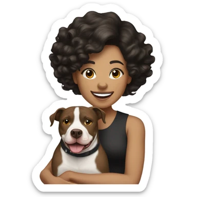 light skin woman with wavy black hair expressing joy alongide a white and brown pitbull sticker