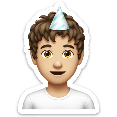 Young Boy, straight brown hair, brown eyes, white skin, birthday party hat sticker