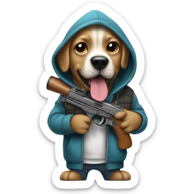 Dog wearing a hoodie holding a pew pew sticker