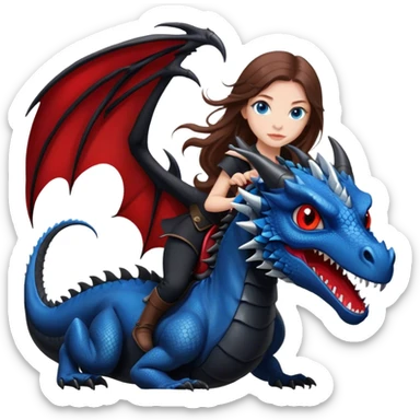 Me, a white female with long brown hair, and blue eyes, wearing black and red, and riding a very black wyvern dragon with hints of red, to your work sticker