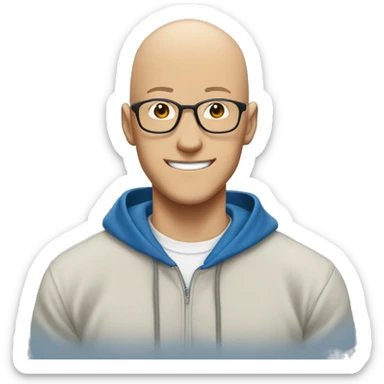 bald saitama in his 20s wearing glasses smiling in a blue hoodie sticker