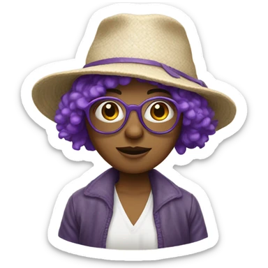 Hippie wearing a white, floppy hemp hat. She has short purple hair and where round glasses.  sticker
