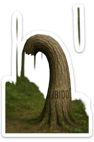 Realistic, vertical 4K illustration: a hyperrealistic tree trunk in a forest setting, noticeably bent, drooping, or wilted instead of standing upright. The bark is textured and detailed WITH THE WORD "LIBIDO" PRINTED ON IT, with subtle cracks and faded colors suggesting loss of vitality. Soft, natural light filters through the surrounding trees, casting gentle shadows. The scene is quiet and contemplative, with the trunk’s unusual, slumped posture symbolizing a decline in male libido. The background is lush and detailed, but the focus remains on the central, softened trunk, evoking a sense of vulnerability and introspection. sticker