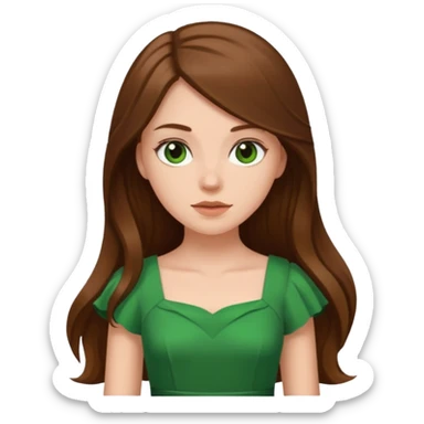 A white girl with very long brown hair with a green dress sticker