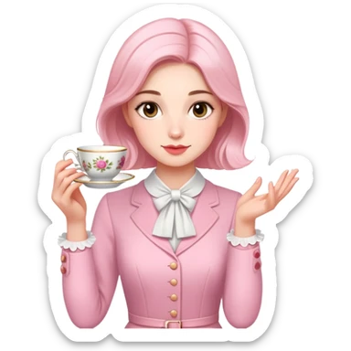 British girl elegantly holding teacup with one hand, pinky slightly raised, proper tea etiquette sticker