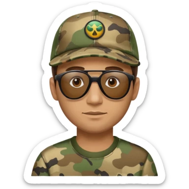 Short brown haired man with sunglasses on his camo ball cap sticker
