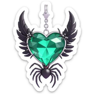 3D emoji gothic heart, emerald green crystal, silver spider charm, feather accents, lush and gothic sticker