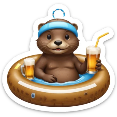 an otter sitting in an inflatable pool filled up with beer who is sipping directly from the pool made of beer with a little straw sticker