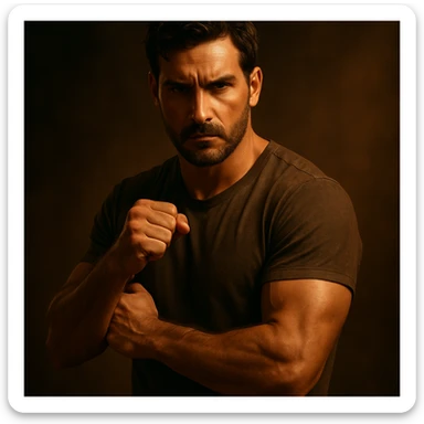 hyper realistic 4K cinematic image of a man standing in a protective stance, exuding masculine energy, dramatic and warm lighting sticker