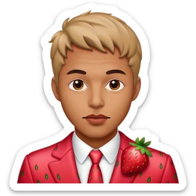 Mn wearing strawberry suit with a sultry look and lip bite sticker