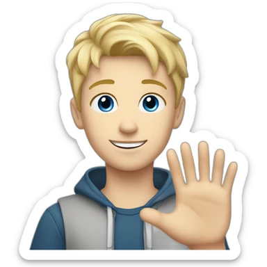Blonde teen boy with medium short hair, blue eyes, waving hi with one hand to the camera sticker