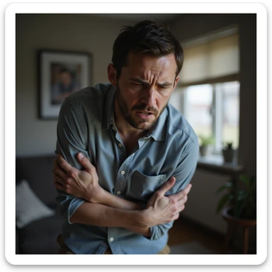 hyperrealistic 4K image of a man holding his side in sudden pain, face contracted with worry, domestic environment sticker