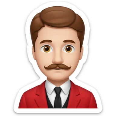 brown haired man with chaplin-mustache and red suit sticker