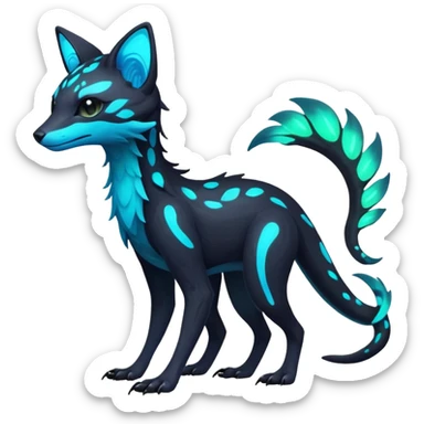 Rare realistic dark-neon glowing bioluminescent edgy badass epic pretty beautiful handsome gorgeous aesthetic colorful vibrant Vernid-Trico-species-Fakemon-creature by LiLaiRa, 4 legs, 1 tail, random markings, (full body) sticker