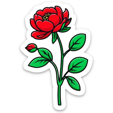 A single red peony flower with green leaves sticker