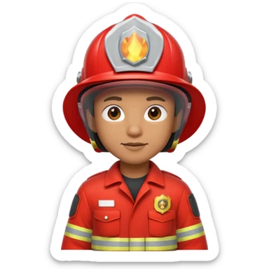 3D cartoon-style firefighter in the Apple emoji style, wearing a bright red fireproof uniform and matching helmet sticker