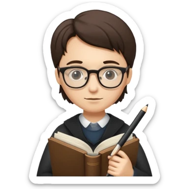 writer holding big pen in hand and closed book in other hand, wearing glasses sticker
