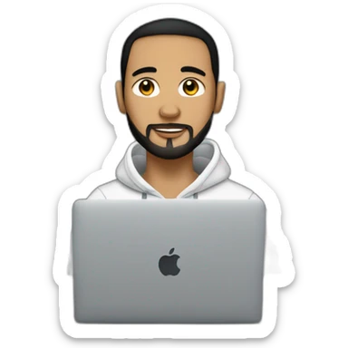 man with black hair ponytail and shaved beard on a hoodie sitting with macbook sticker