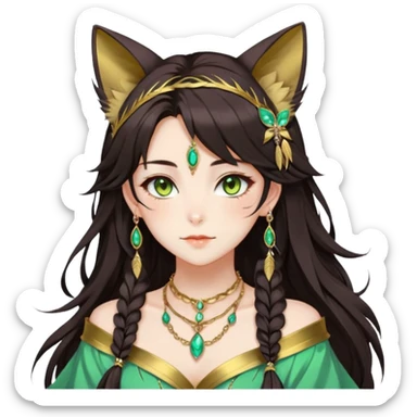 Beautiful gorgeous anime lady with beautiful dark-brown-special-hair, fashion aesthetic, ethereal, feather, accessories, gold jewelries, gold, colorful, feline ears, hazel-green eyes sticker
