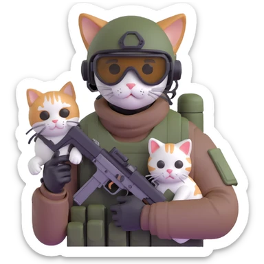 Man in tactical airsoft gear wearing protective goggles on face, holding a gun in one hand and a white and brown cat in the other hand sticker