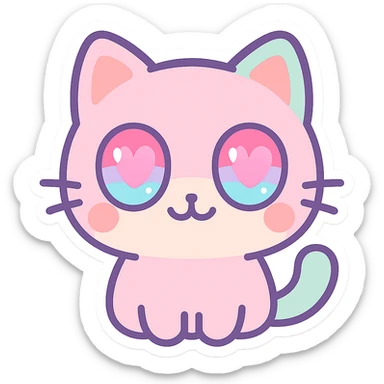 cute chibi cat close-up, sparkling heart eyes, pastel colors, die-cut sticker, white background, minimal vector illustration sticker
