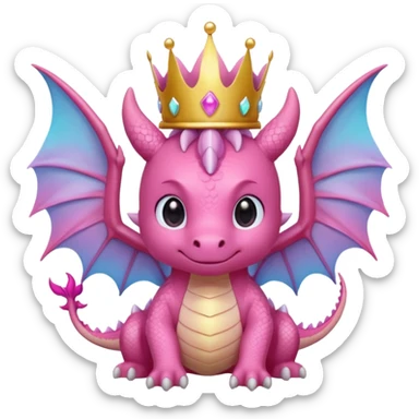 cute pink dragon emoji, kawaii style, crown, big wings, magical glow, pastel colors, transparent background, twitch emote sticker