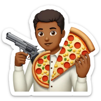 A person eating pizza and corn, with a gun sticker