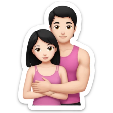 a pretty bratz fair girl. black hair, wearing a pink cami top, she is hugging a handsome fair guy with black hair. lean but muscular.the boy is wearing a black tshirt sticker