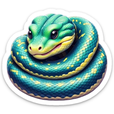 Meme-Worthy cute Sleeping Python Portrait Emoji, Head and coiled body resting peacefully with a contented smile, showcasing intricately patterned scales and eyes gently closed in serene slumber, Simplified yet comically adorable features, highly detailed, glowing with a soft, drowsy glow, high shine, relaxed and utterly lovable, stylized with an air of playful laziness, bright and heartwarming, soft glowing outline, capturing the essence of a sleeping serpent that feels destined to become the next viral icon of adorable rest! sticker