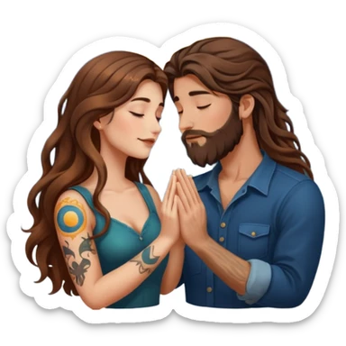 woman with long wavy brown hair tattoos and man with long brown hair beard, foreheads touching, shared glowing moon between hands sticker