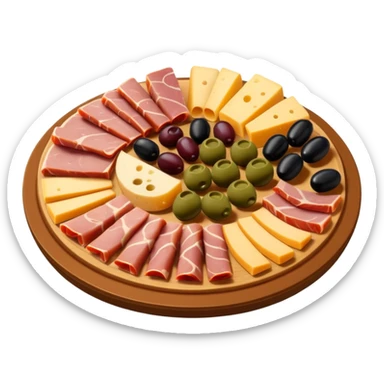 A 3D cartoon platter of assorted deli items like sliced meats, cheese, and olives, colorful and appetizing, Memoji-style. sticker