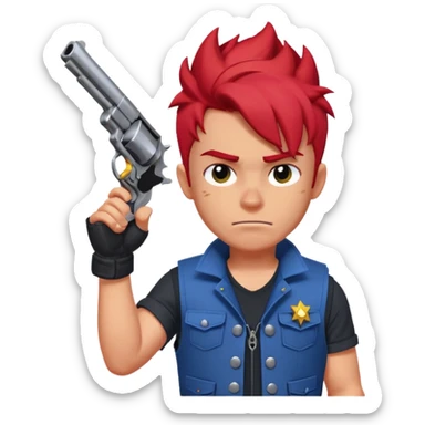 Colt from Brawl Stars, winking, holding one revolver up, spiky red hair, blue vest sticker